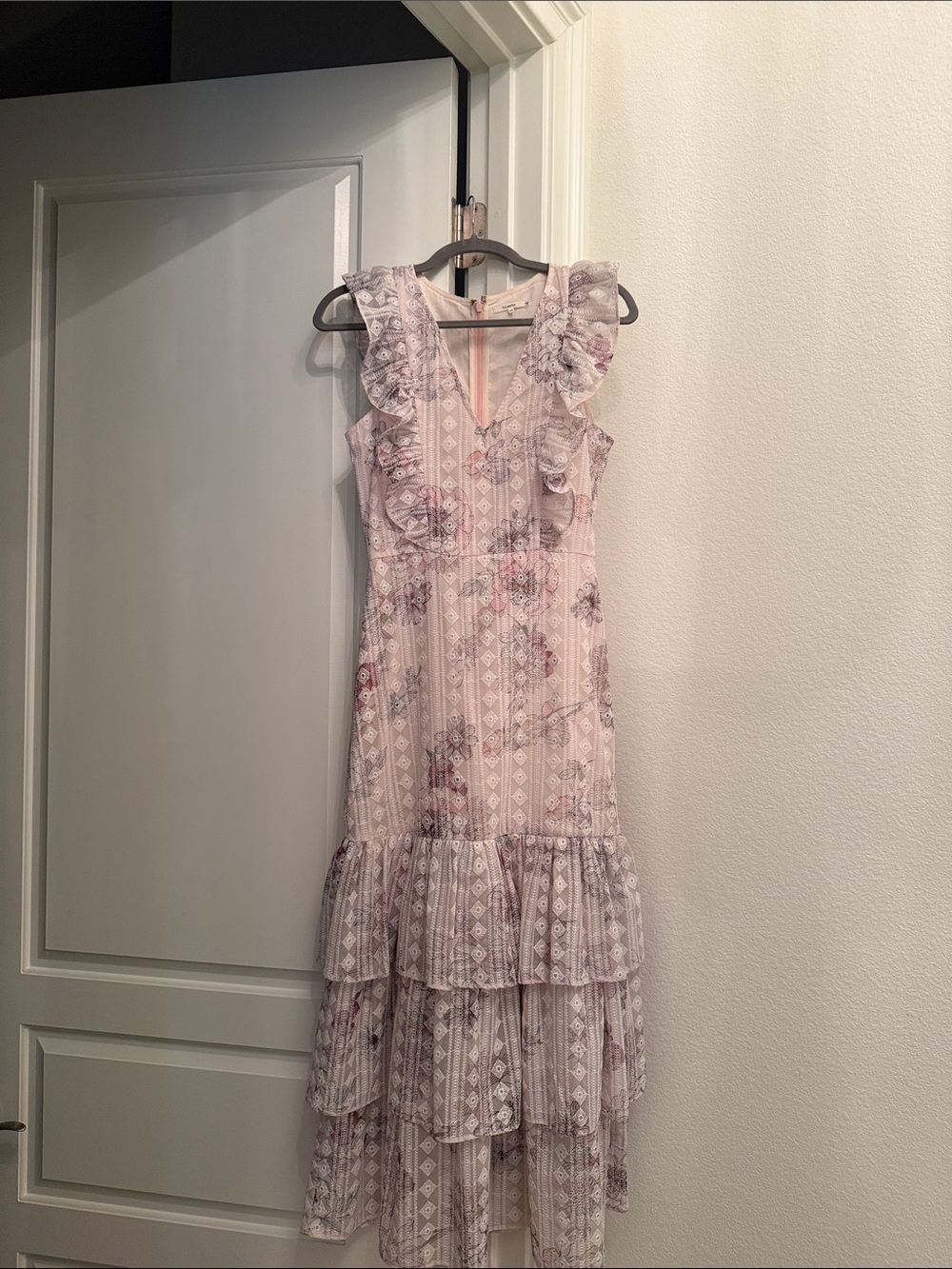 Tularosa Pink Floral Ruffle High-Low Midi Dress